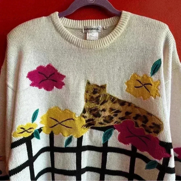 Vintage 80s checkered novelty print pullover sweater size Large - Picture 2 of 8